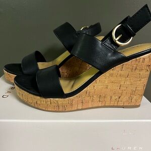 Lauren Contad Black Cork Wedge Sandals